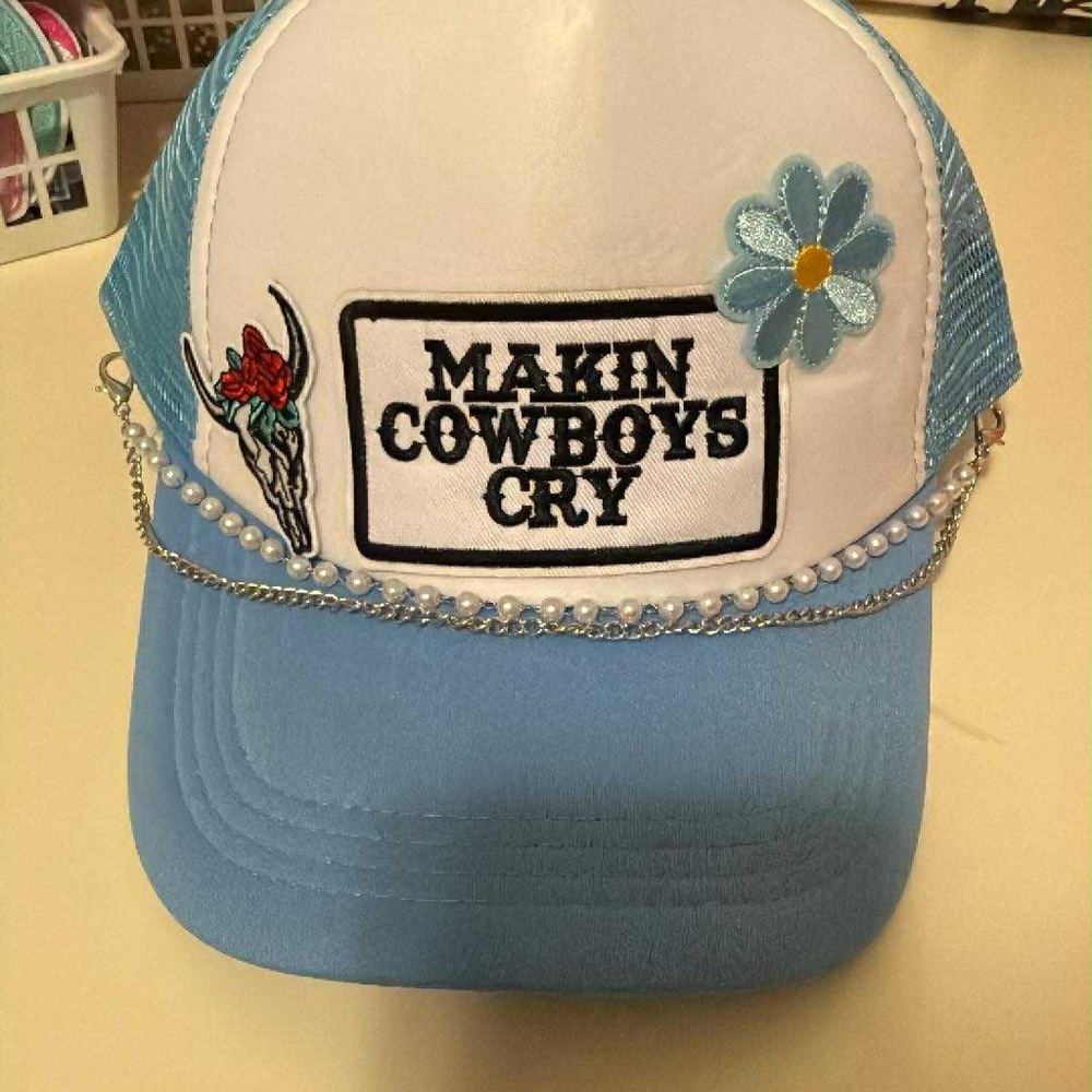 Trendy Blue and White Women's Cap with Floral Accent